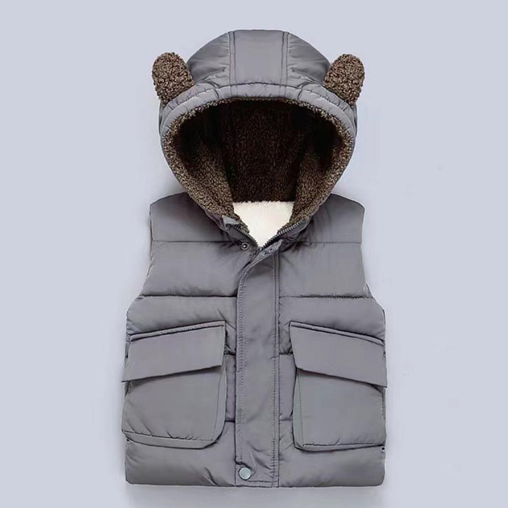 WELLKIDS - 加絨造型暖暖連帽背心-熊熊耳朵-灰色