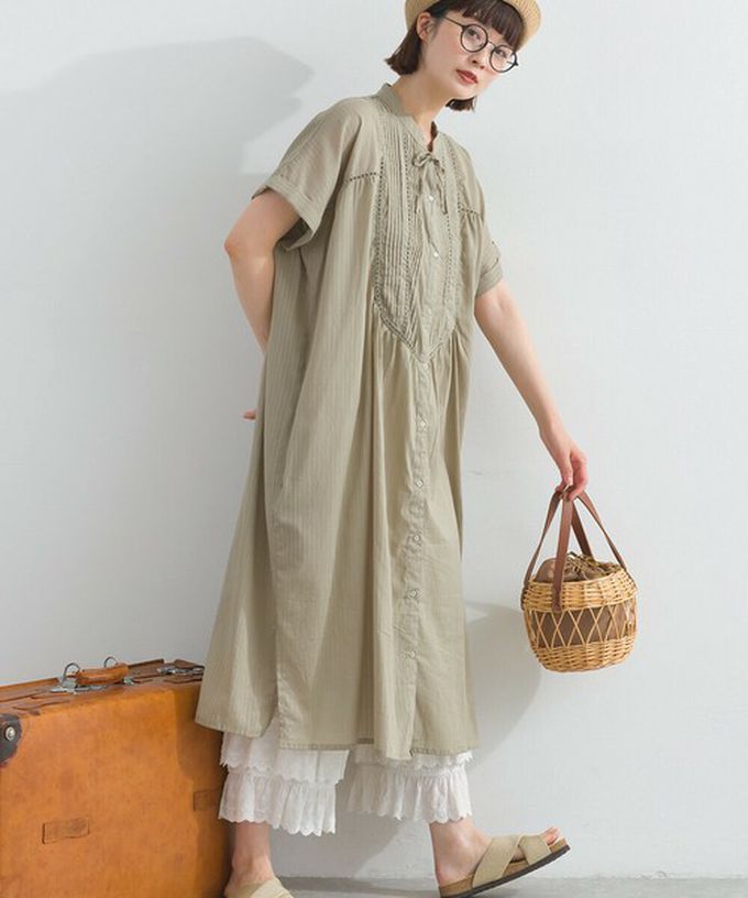 日本 Lupilien - 100%印度棉 細緻鏤空蝴蝶結短袖洋裝-復古綠