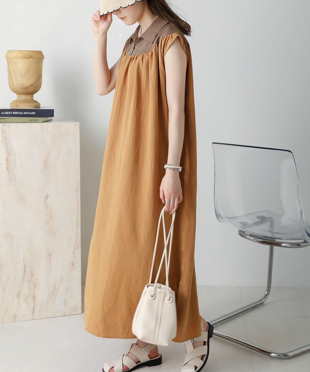 日本 Bou Jeloud - 翻領撞色設計款無袖洋裝-米x褐