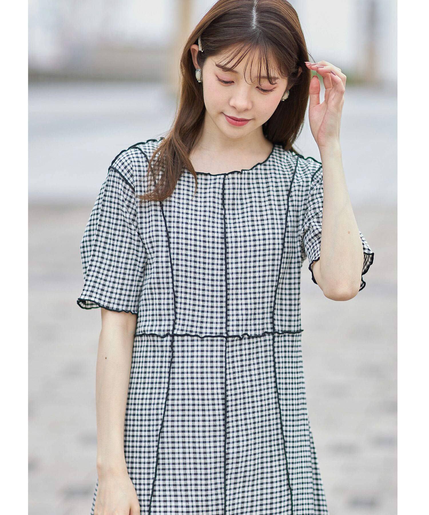 日本 tocco-closet - 修身線條五分袖洋裝-格紋-薄荷