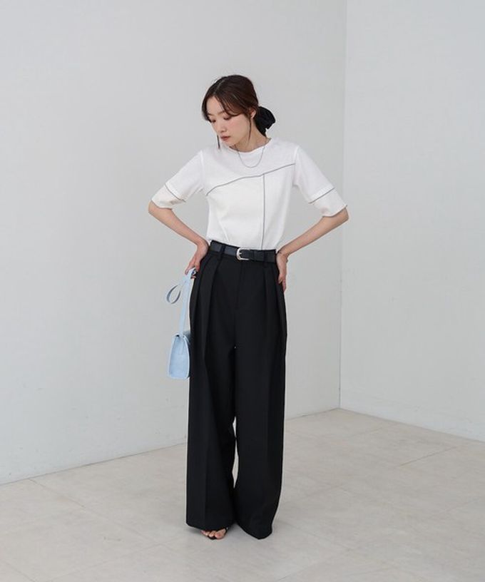 日本 Bab - 柔美線條羅紋異材質短袖上衣-黑 (M)