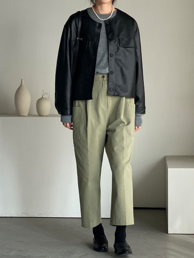 韓國女裝連線 - 鬆緊腰雙口袋錐形修飾長褲-軍綠 (FREE)