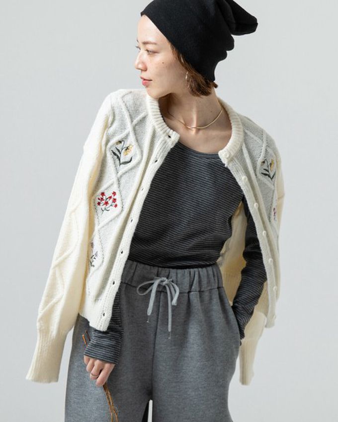 日本 gleam - 文藝風小花刺繡立體針織開襟衫-黑