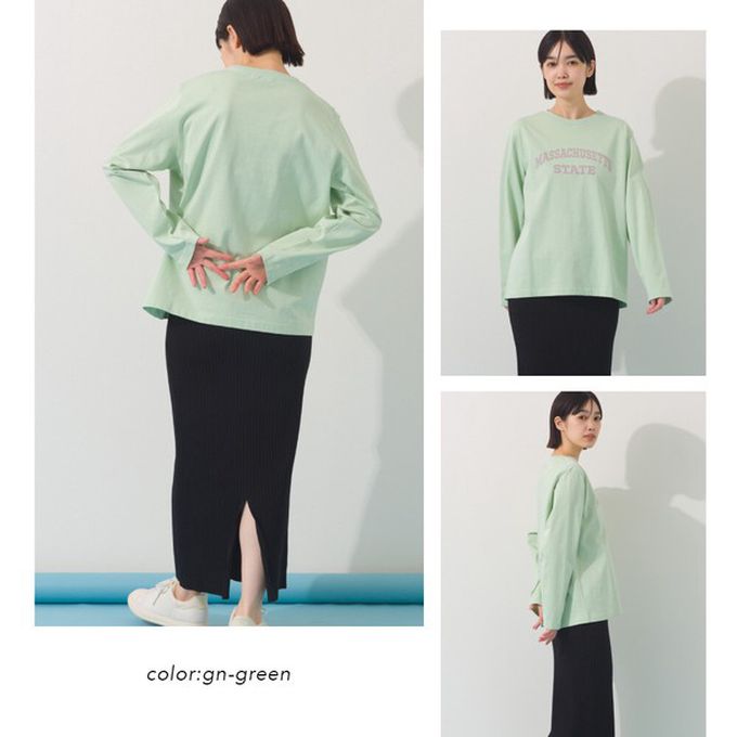 日本 OMNES - 100%棉 簡約英文標語長袖上衣-蘋果綠