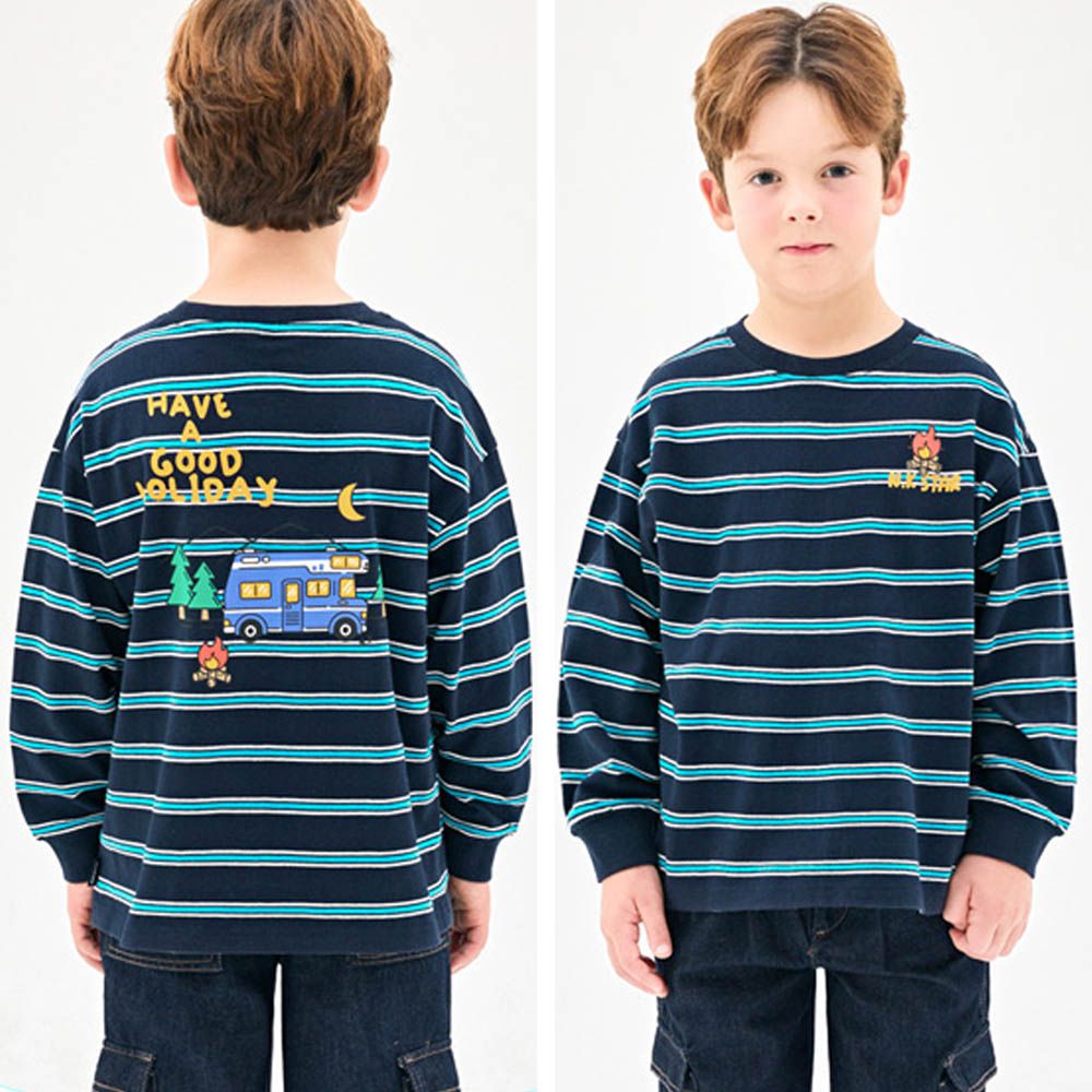 假日營火圖案條紋長袖上衣-墨藍