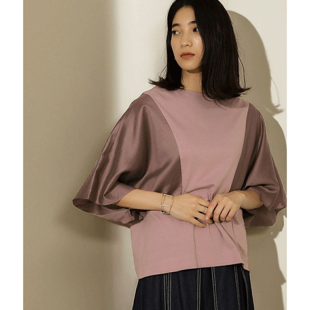日本 Bou Jeloud - 修身剪裁撞色傘狀七分袖上衣-粉X紫