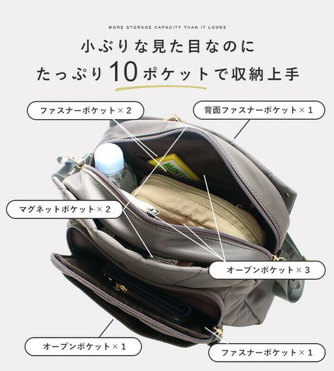 日本 LIZDAYS - 10口袋輕量尼龍絎縫側背包-軍綠