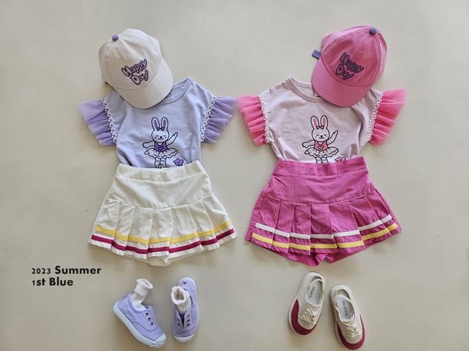 韓國 First Blue - 鬆緊腰運動風百摺褲裙-桃紅