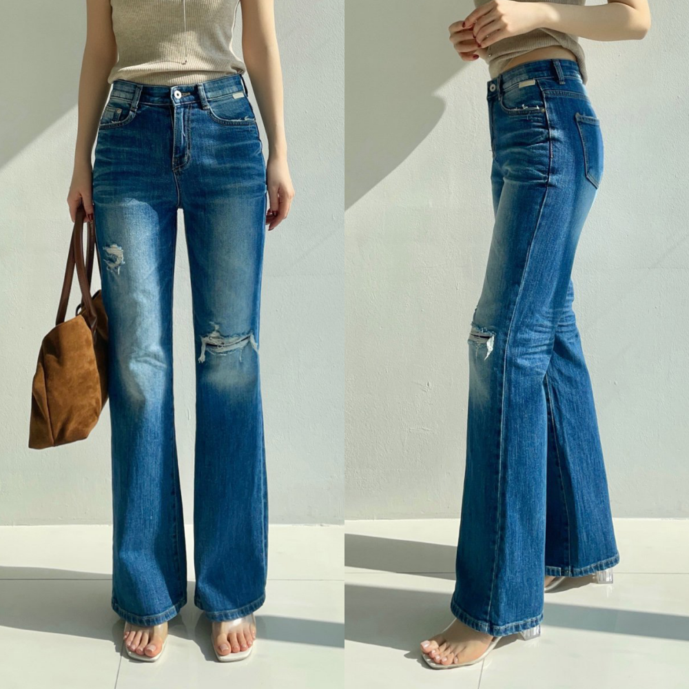 Howluk 彈性腰高級環紡丹寧微刷破造型喇叭褲