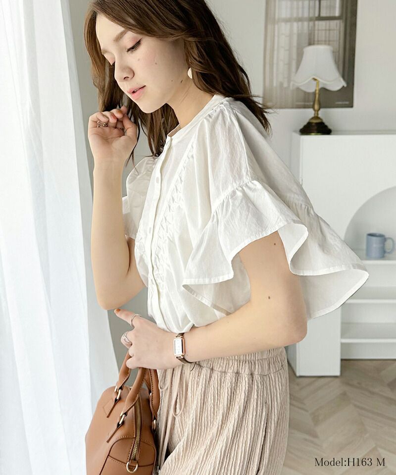 日本 Classical Elf - 2WAY透氣荷葉袖圓領襯衫-白