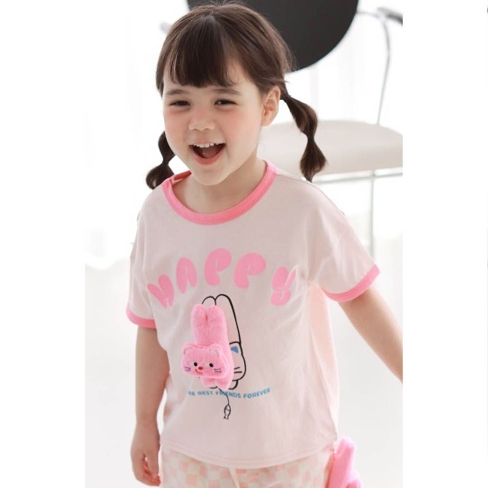 (附貓咪裝飾)貓咪捕魚短袖上衣-淺粉