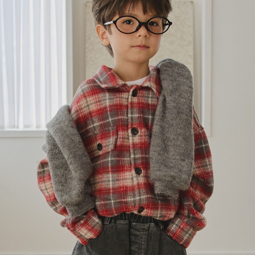 HIKIKI 冬日磨毛毛呢格紋長袖翻領襯衫-紅X灰