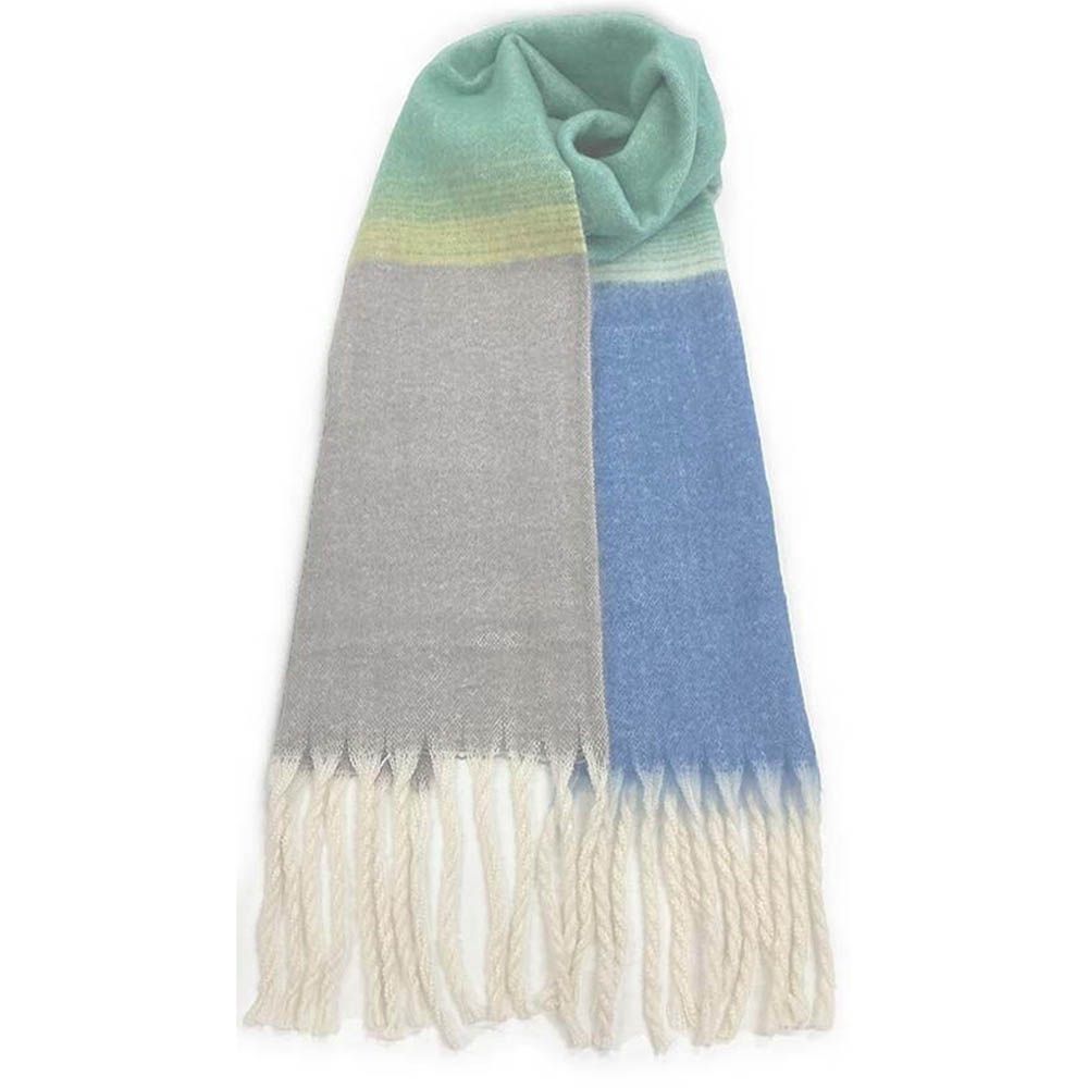 份量感印花保暖流蘇圍巾-撞色-藍綠