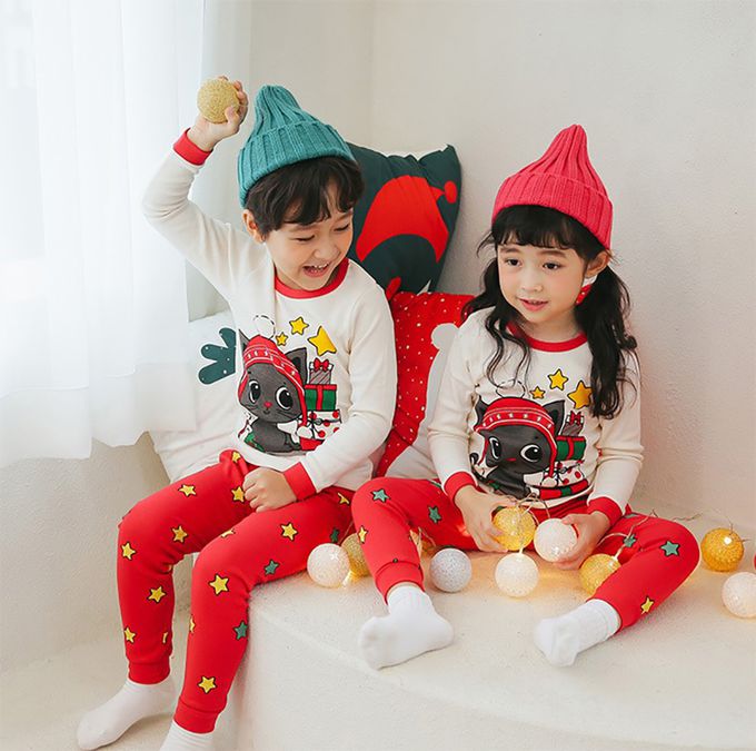 正韓 Puco - 超優質嬰幼兒/兒童長袖100% 有機純棉家居服/睡衣-聖誕貓貓
