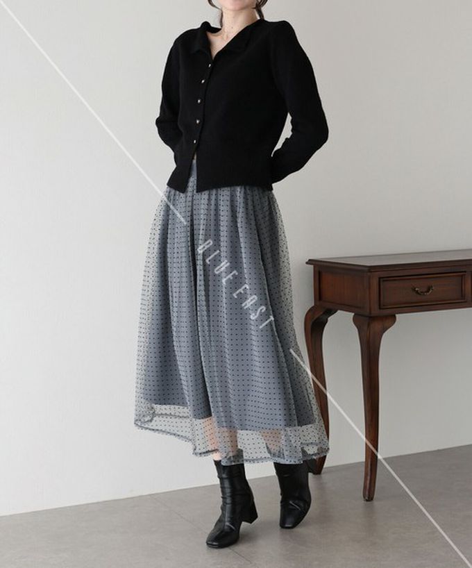 日本 BLUE EAST - 華麗雙層薄紗魅力長裙(可選長度)-格紋-淺卡其 (long)