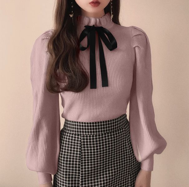 日本 GRL - 復古花邊領綁帶澎袖針織長袖上衣-丁香紫