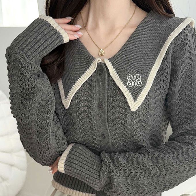 日本 Classical Elf - mily bilet 復古氣質領洞洞針織上衣-灰