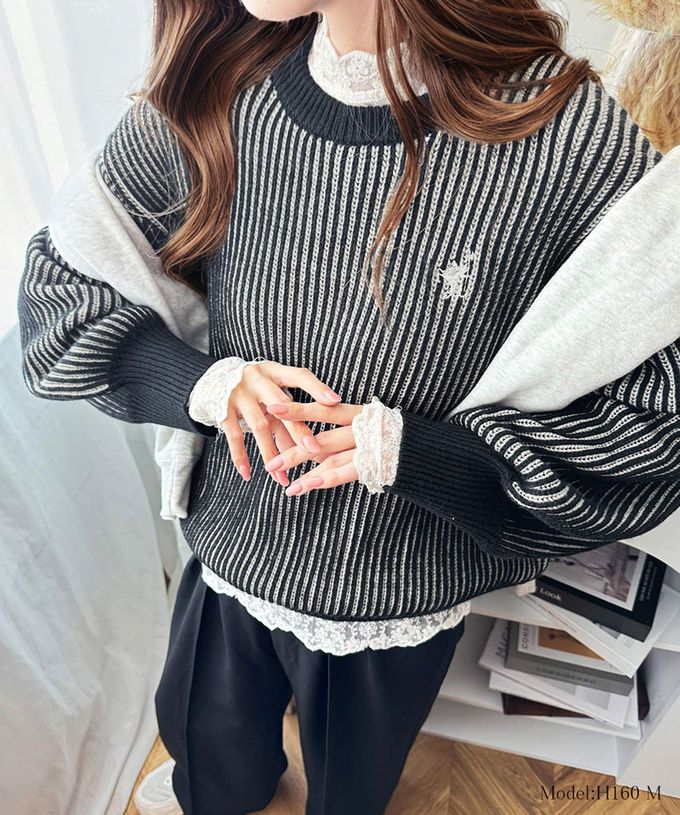 日本 Classical Elf - 刺繡logo 線條感針織長袖上衣-橘紅x米