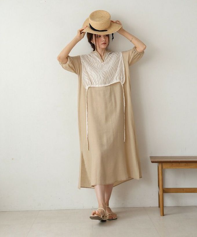 日本 Bab - 輕盈蕾絲緹花多層次短袖洋裝-卡其杏