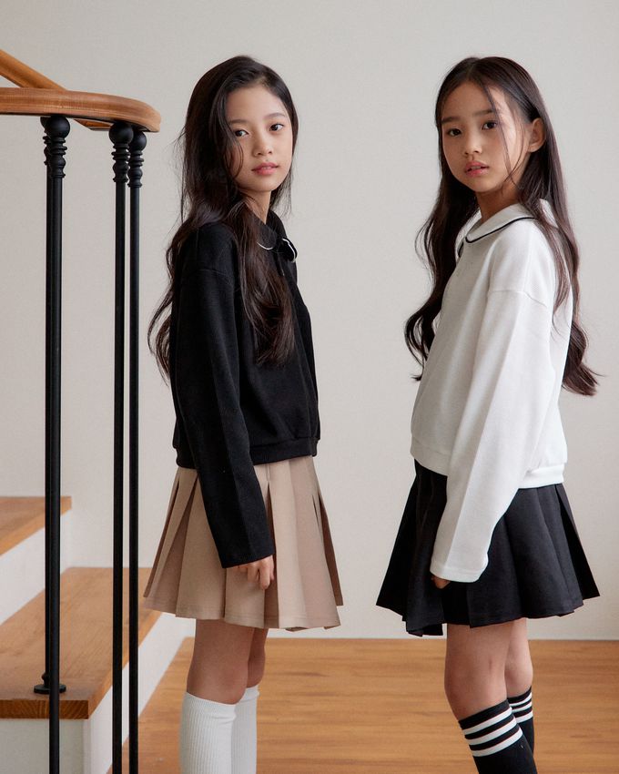 韓國 sm2 - 學院風格鬆餅紋長袖翻領上衣-黑