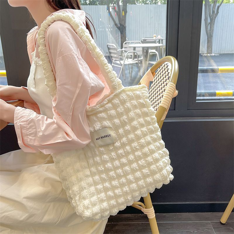 加厚奶油泡泡雲朵手提包/肩背包-米杏色 ((32+24)x40x14cm)