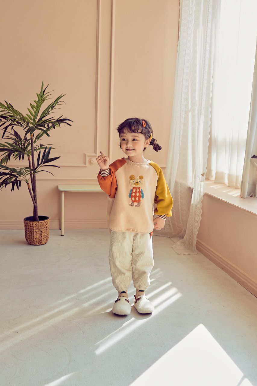 韓國 Mimico - (裏起毛)立體熊熊拼接色T-橘X黃