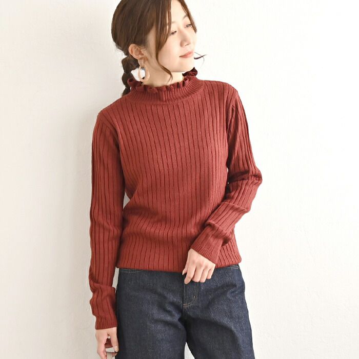 日本 ihuu - 百搭荷葉領羅紋薄針織上衣-芥末黃