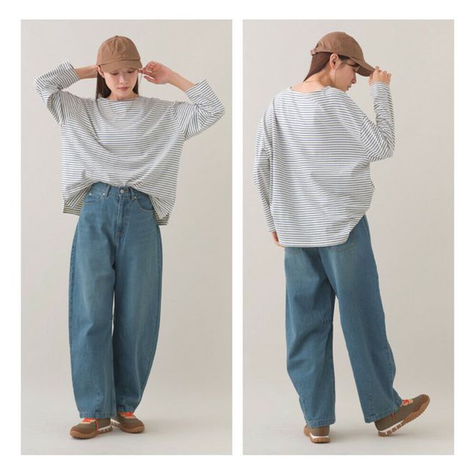 日本 OMNES - 100%棉 經典款細條紋長袖上衣-白底灰藍條紋