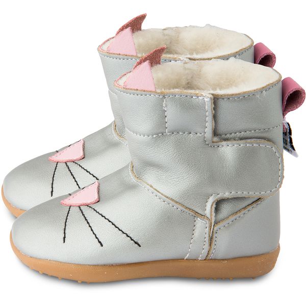 英國 shooshoos - 健康無毒真皮手工童鞋/靴子/童靴-銀色貓咪