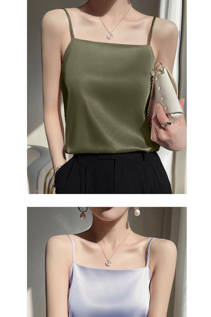 香茉 CHANMODE - 冰絲綢緞雪紡爽滑冰肌緞面吊帶文胸一體式結構平口吊背心(無罩杯)-黑色