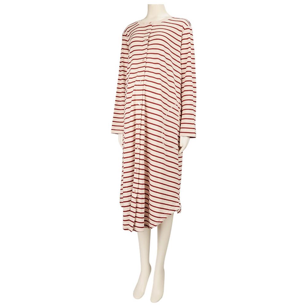 長袖家居洋裝-附下擺按扣 橫紋-橘色 (M~L)