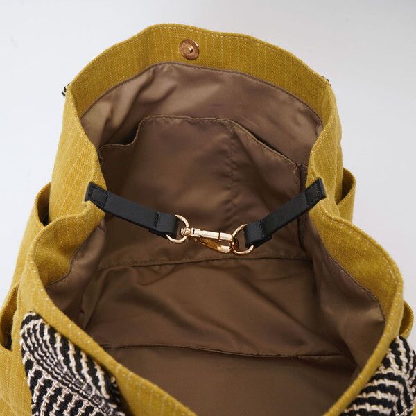 日本 COOCO - 棉麻條紋拼接手提包-黃 (27.5x24x16cm)