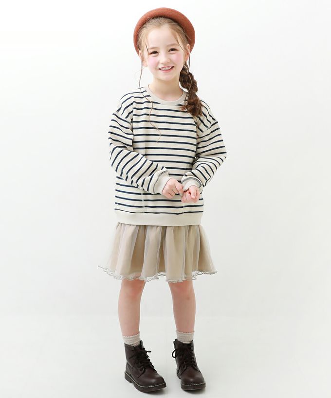 日本 devirock - 甜美裏毛雪紡拼接長袖洋裝-粉卡其