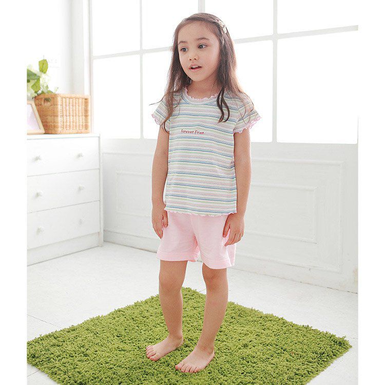 Annypepe - 女童純棉彩虹條紋短袖居家服