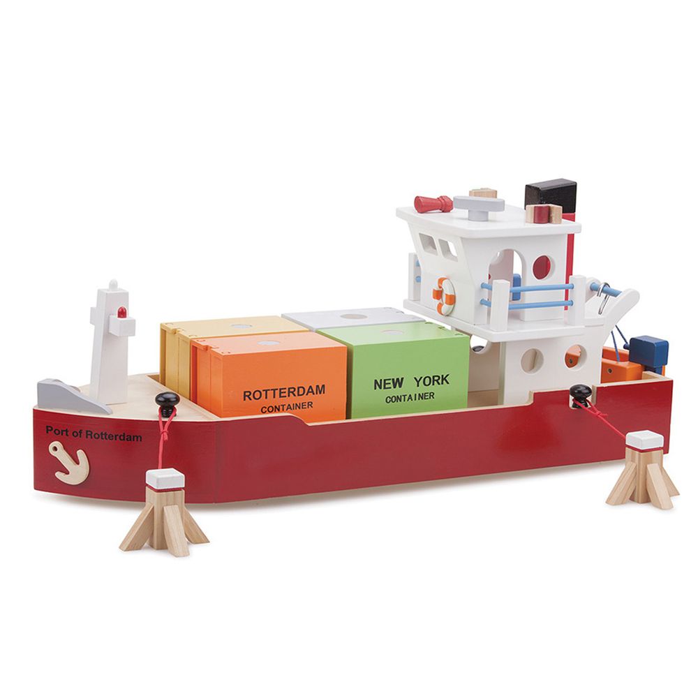 荷蘭 New Classic Toys - 貨櫃系列-木製裝運貨櫃船玩具