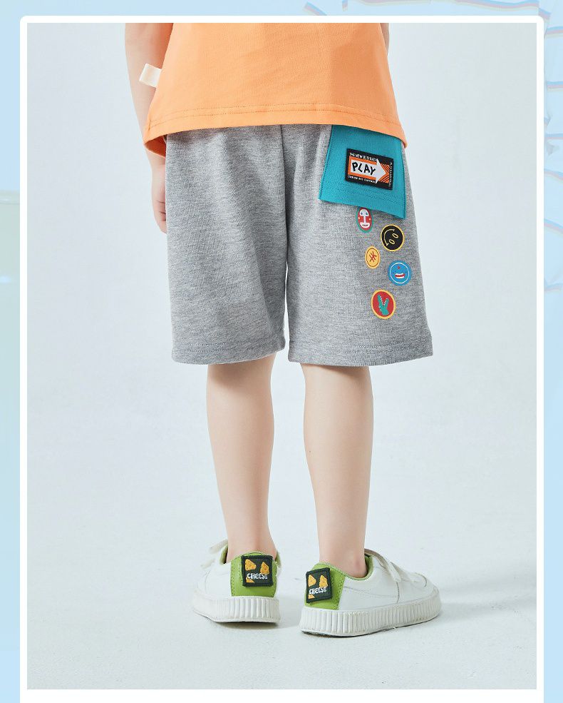 純棉休閒運動五分褲-刺繡小圓標籤-深藍色