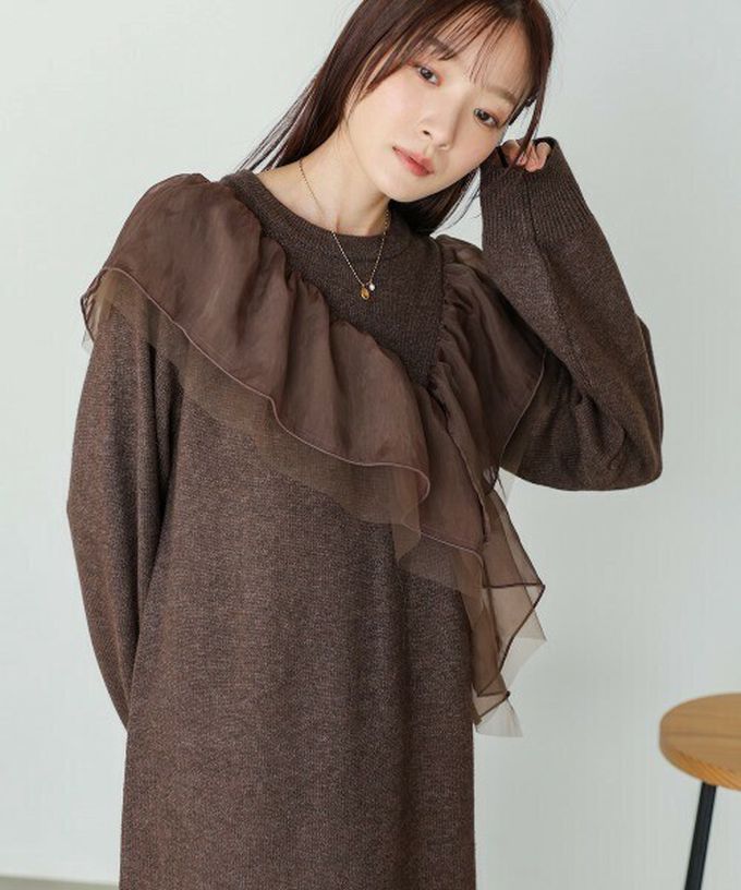 日本 Bab - 交叉薄紗荷葉柔美針織長袖洋裝-咖啡
