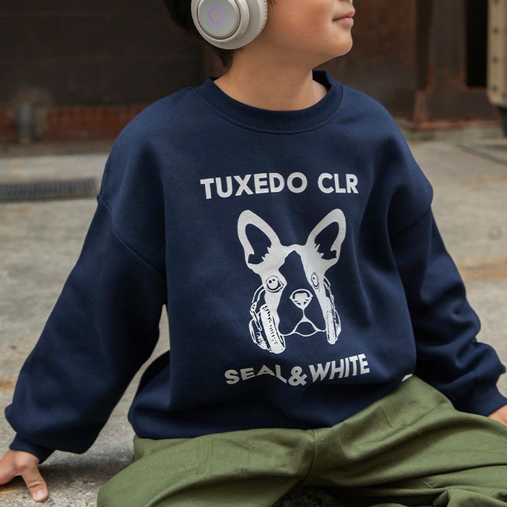 裏起毛 舒適縮口長袖上衣-法鬥狗狗-海軍藍