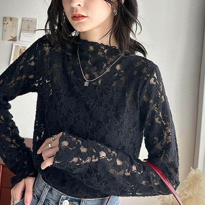 日本 Classical Elf - 夢幻透膚蕾絲小立領長袖上衣(無內裏)-白