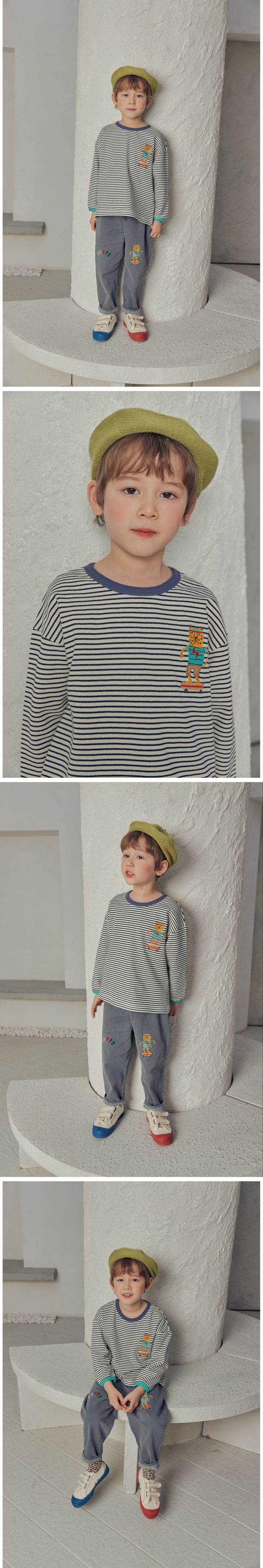 韓國 Mimico - 條紋圓領長袖上衣-花豹滑板-黑灰