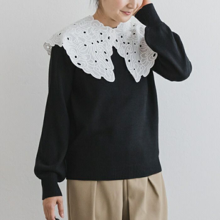 日本 ihuu - 大蕾絲領明亮針織長袖上衣(領可拆)-玫紅