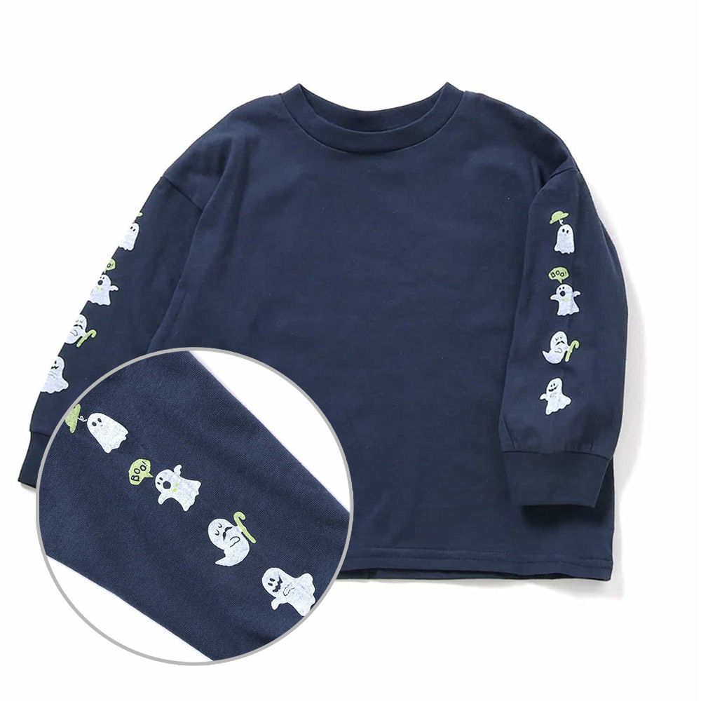雙手可愛印花長袖上衣-幽靈-海軍藍