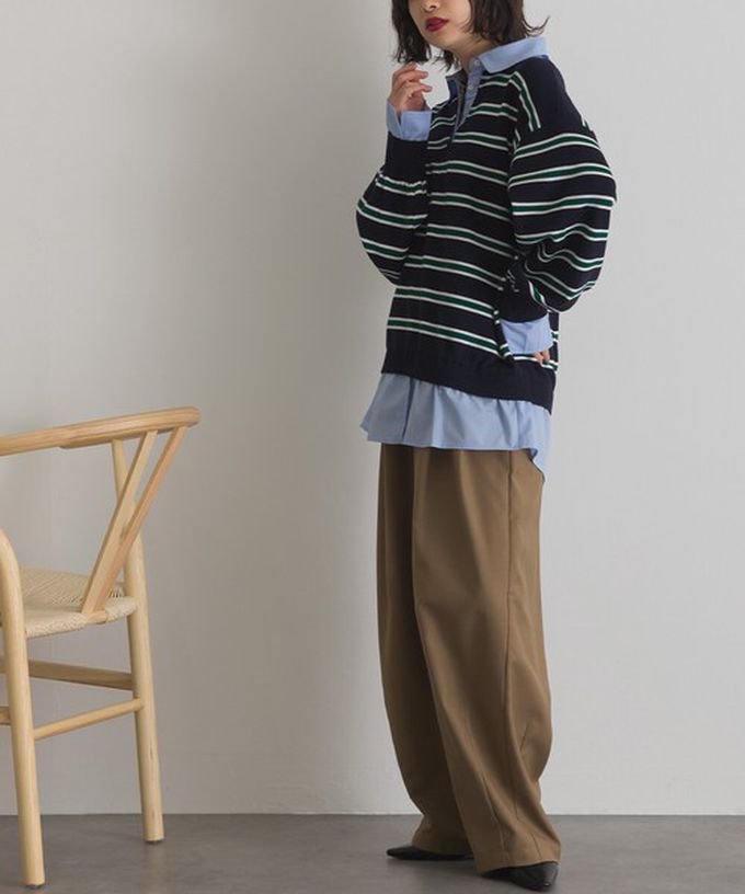 日本 ELENCARE DUE - 假二件襯衫領輕盈落肩長袖上衣-開心果綠