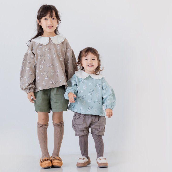 日本 Chil2 - 文藝荷葉領泡泡長袖上衣-花朵-薄荷