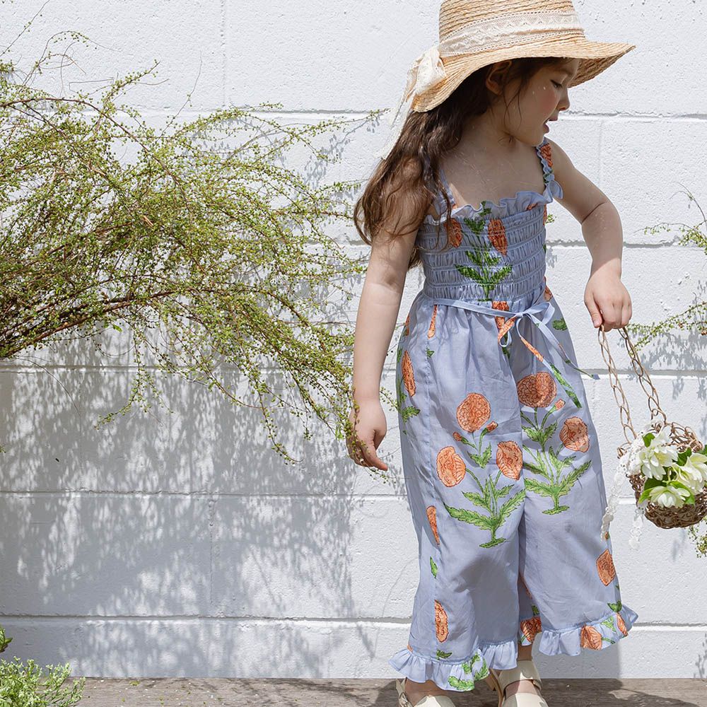 風情花紋褶紋細肩連身褲-淺藍