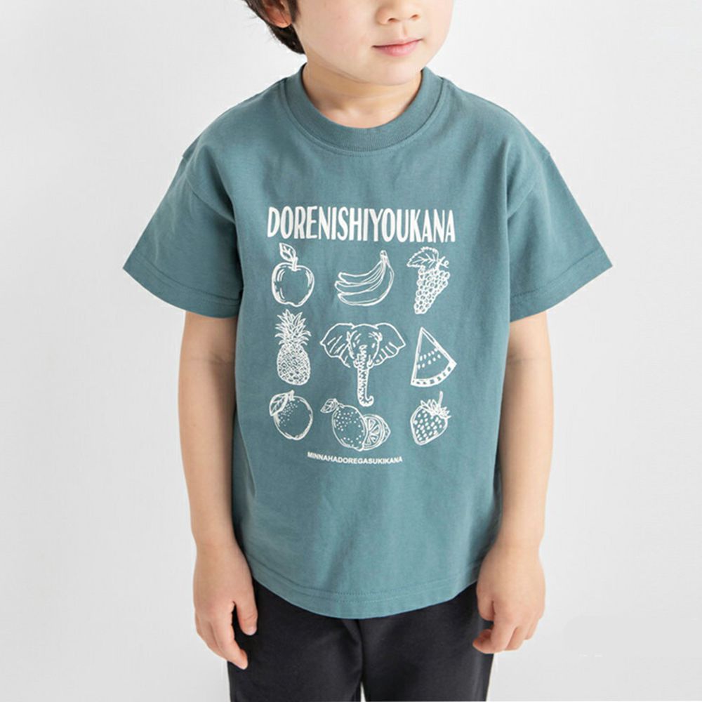 舒適棉印花短袖上衣-大象水果-墨綠