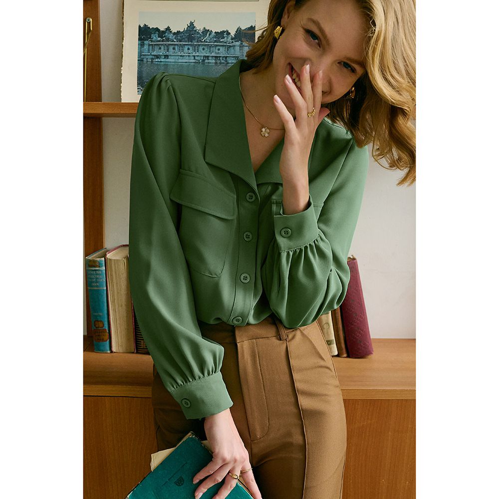 復古棉質口袋長袖襯衫-抹茶綠