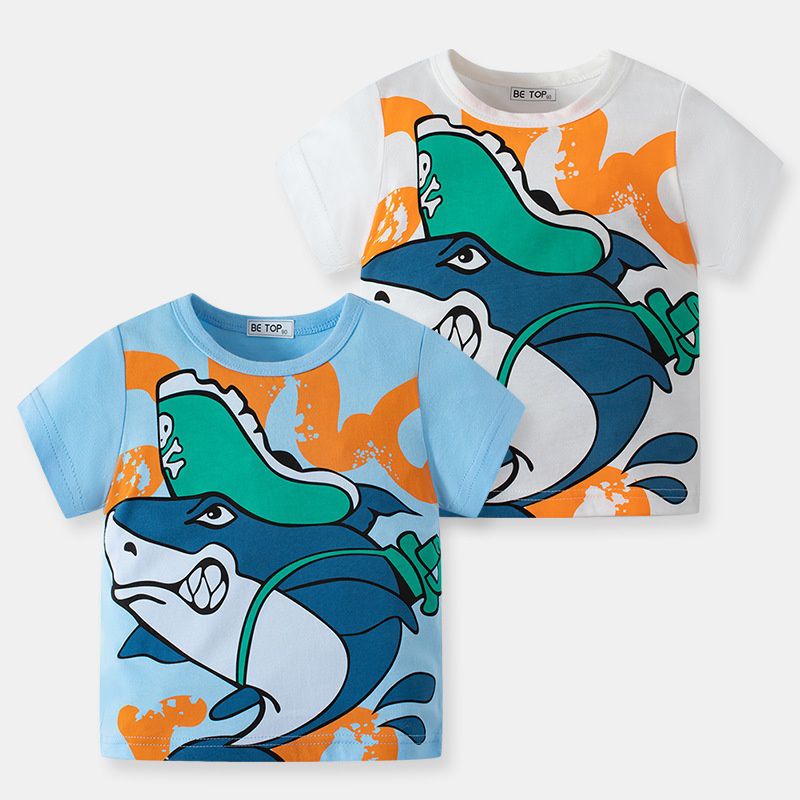 BE TOP - 純棉短袖上衣-海盜鯊魚-藍色