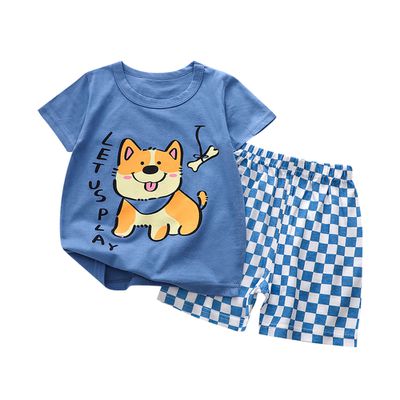 JoyNa - 兒童純棉短袖 兩件式家居服套裝 圓領套裝-深藍小狗