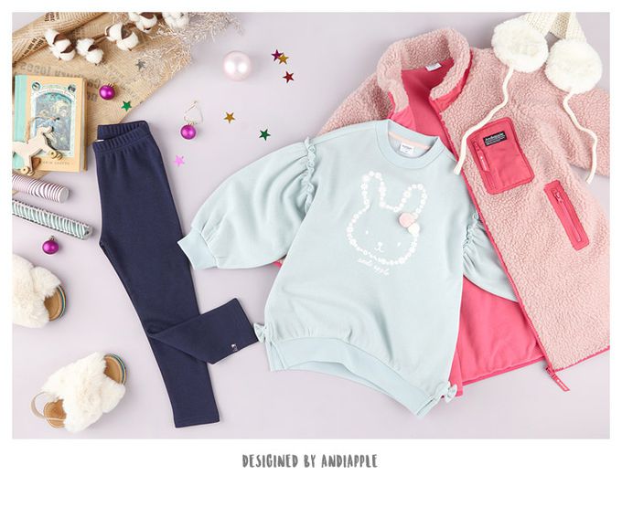 韓國 AndiApple - 花形兔兔內刷毛長版內搭褲套裝-蘇打藍X深藍